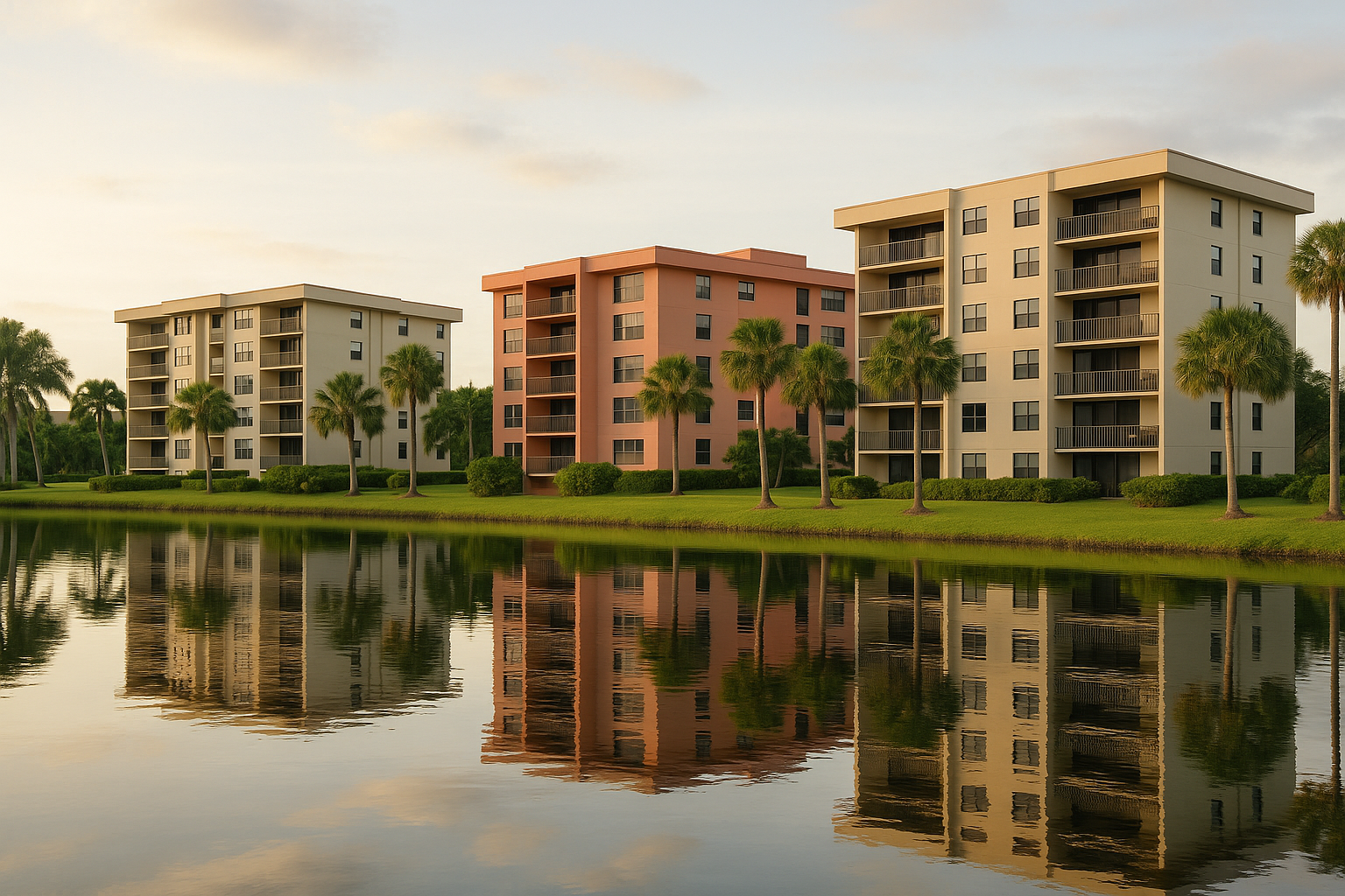 Mid-rise condo buildings along the water at Cypress Bend in Pompano Beach