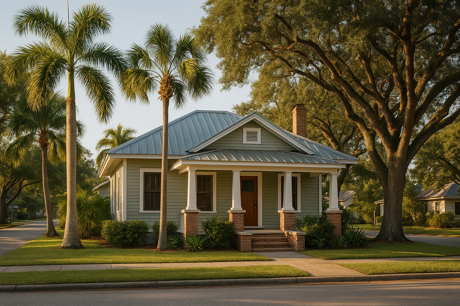 Palm-lined residential street in Pompano Beach, Florida