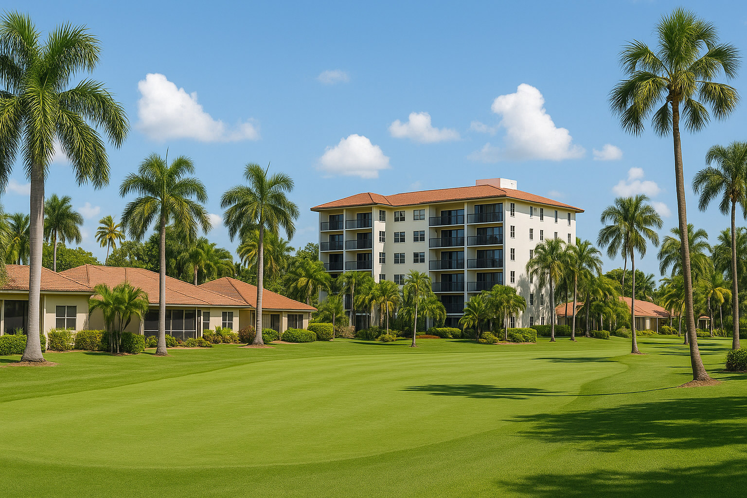 Condo buildings and villas beside a golf fairway in Palm Aire, Pompano Beach