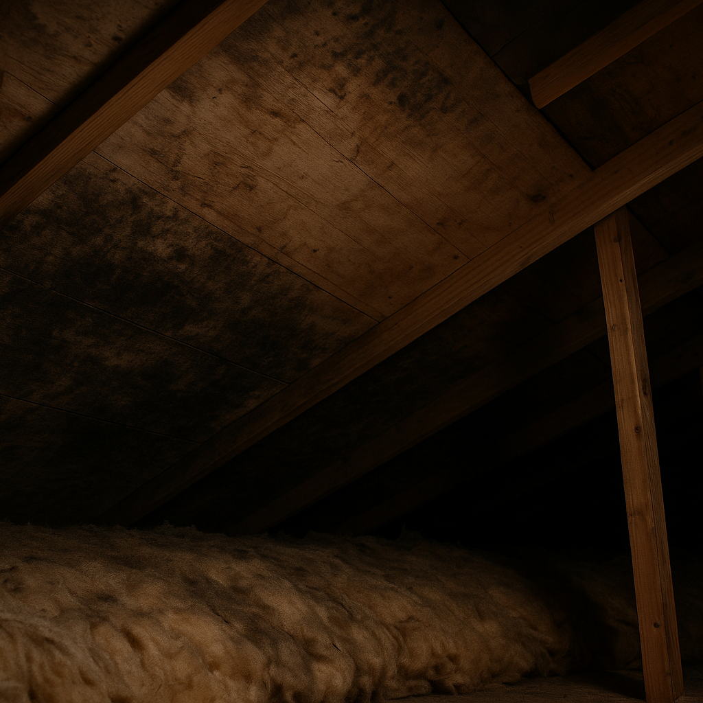 Attic roof sheathing with dark mold staining near the eaves
