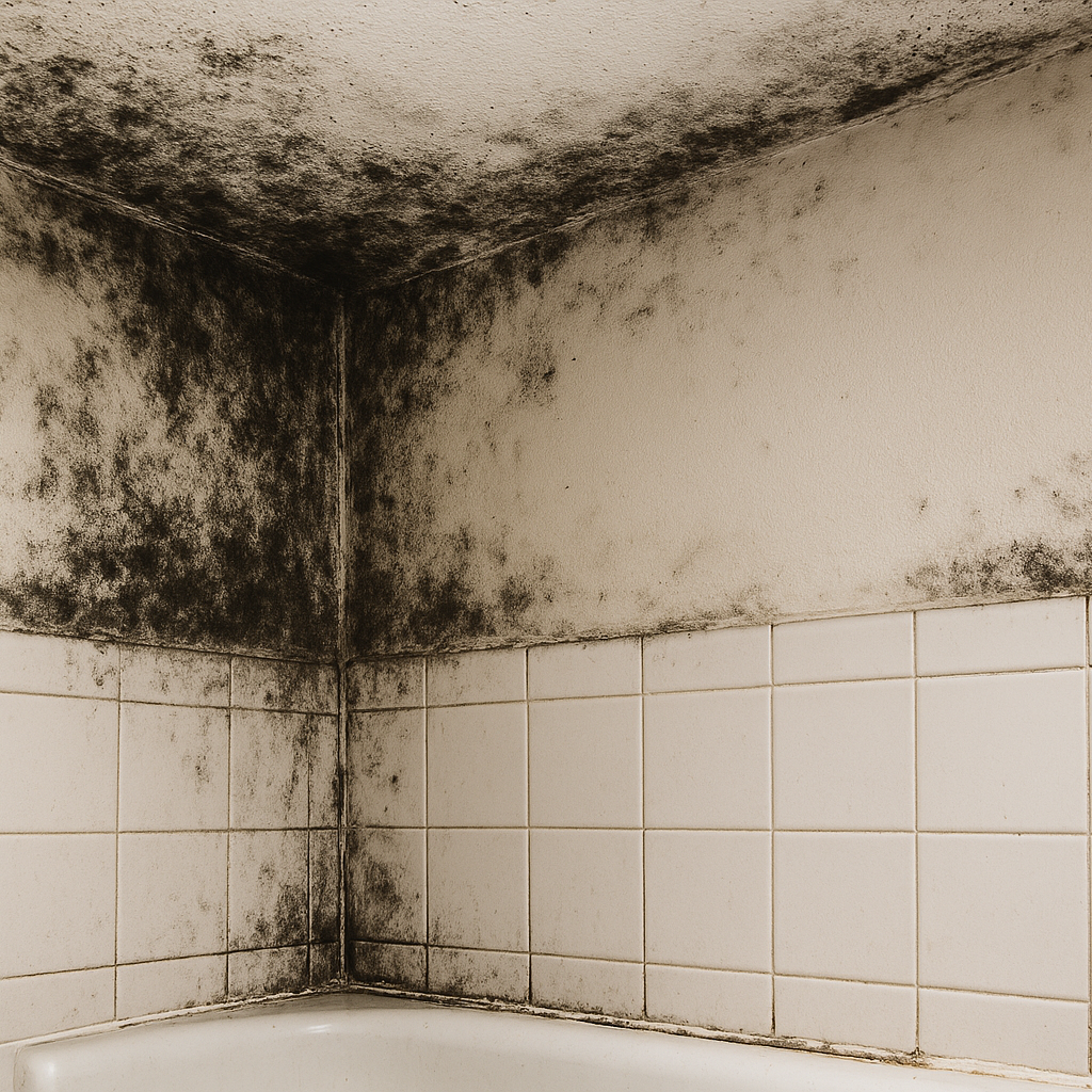 Mold along the ceiling and grout of a Pompano Beach bathroom