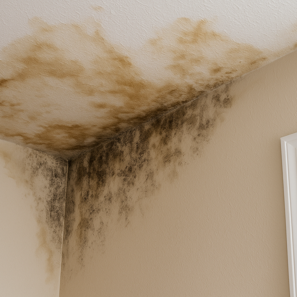 Mold on the ceiling and wall of a Pompano Beach condo unit below a leak
