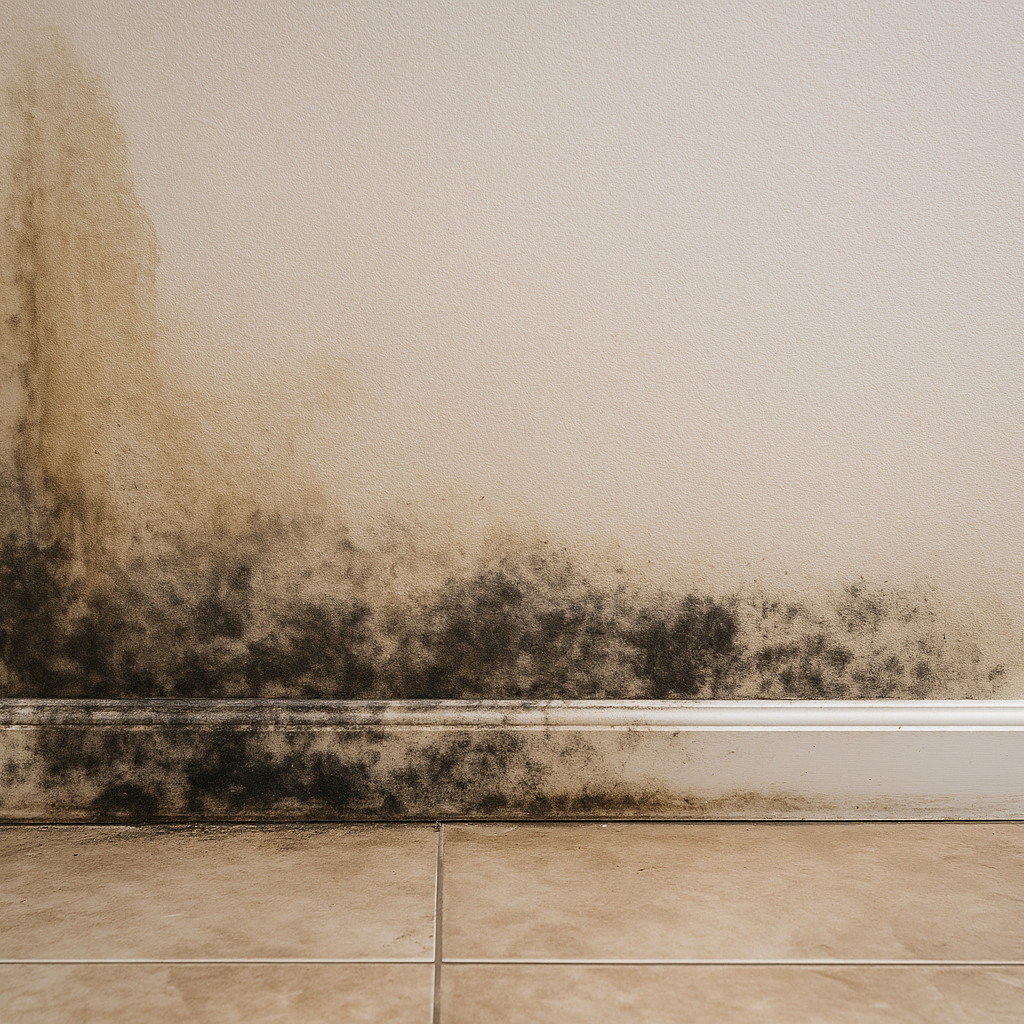 Widespread mold and water staining across interior drywall