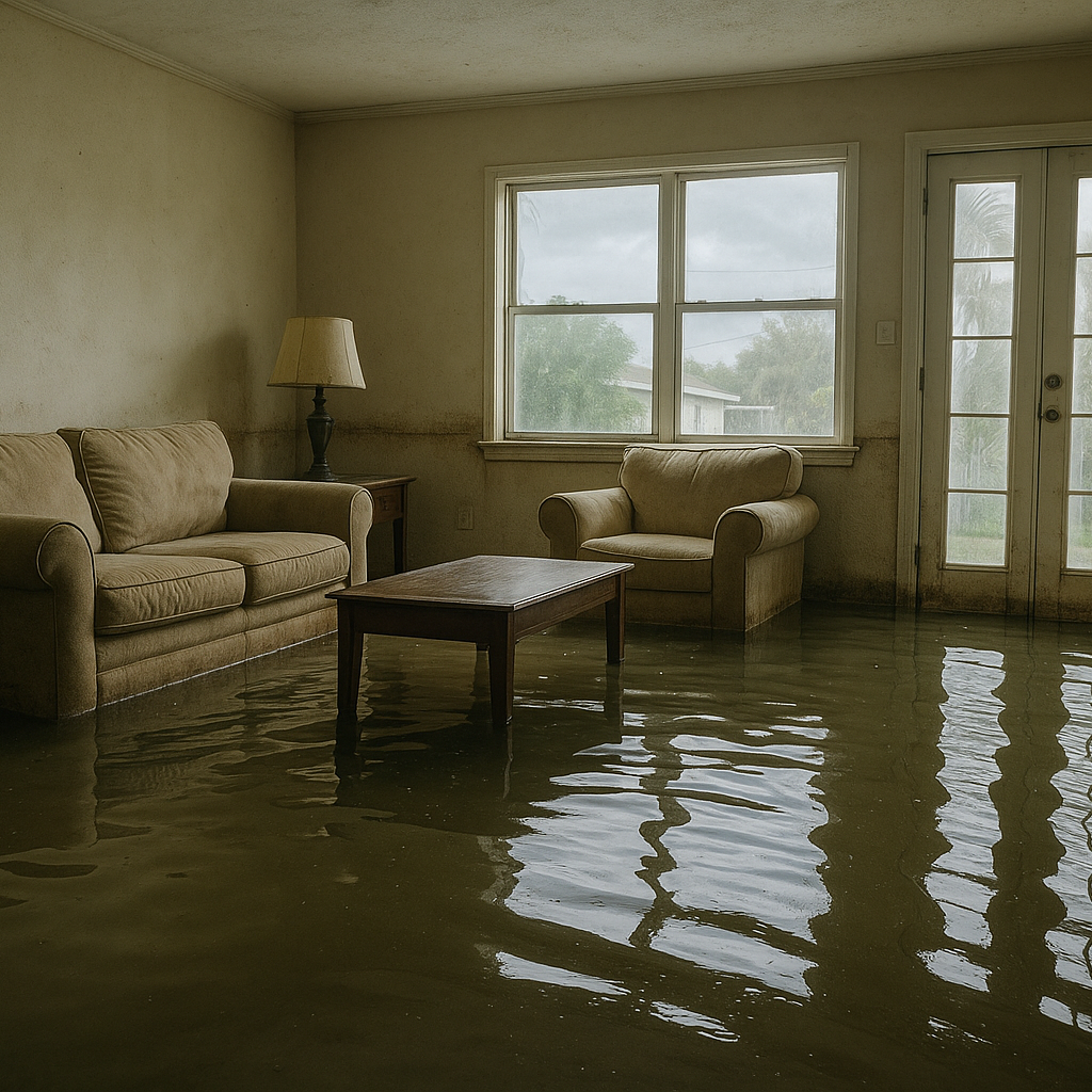 Flooded Pompano Beach living room with a visible water line on the walls