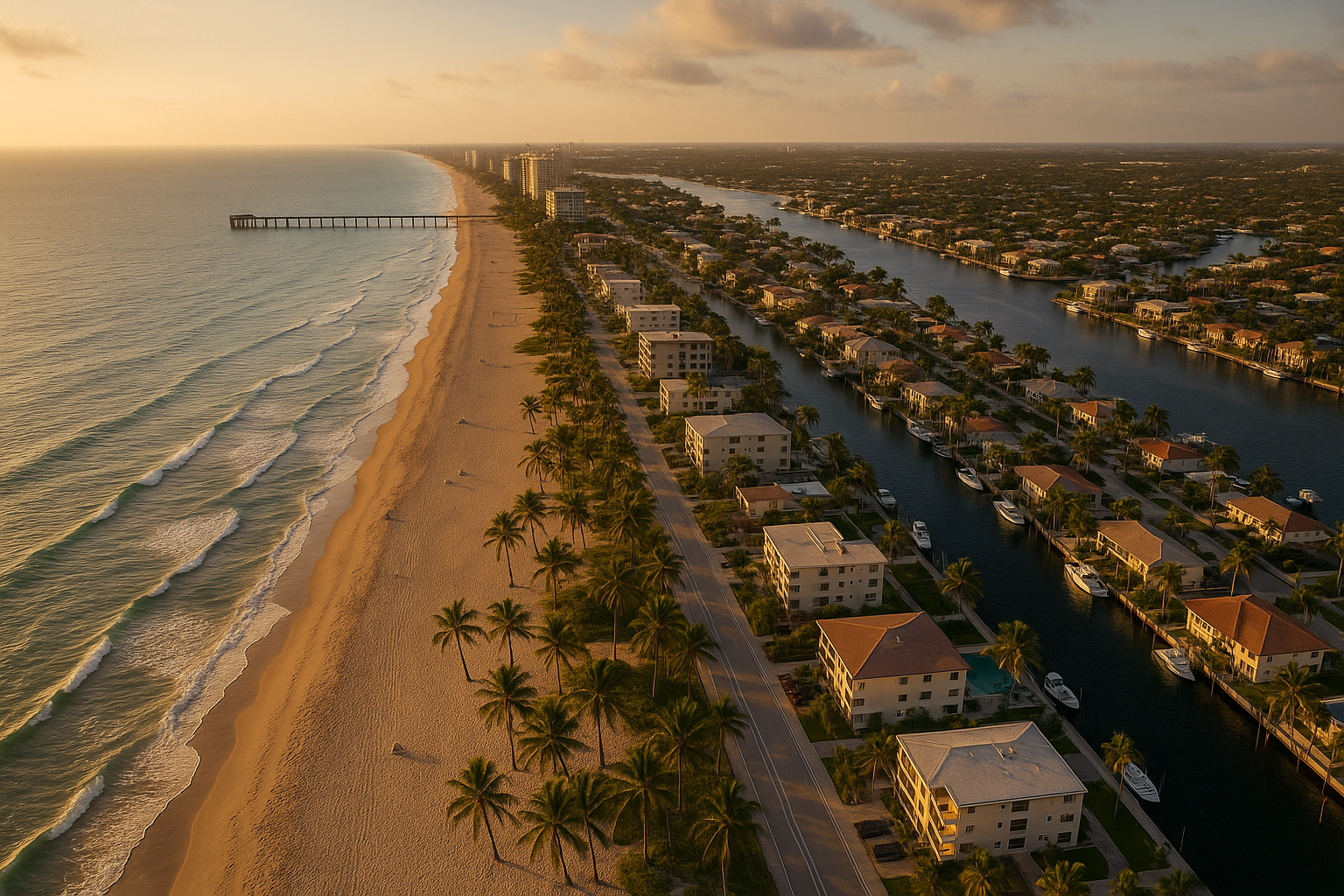 Aerial view of Pompano Beach shoreline, pier, and Intracoastal canals at golden hour