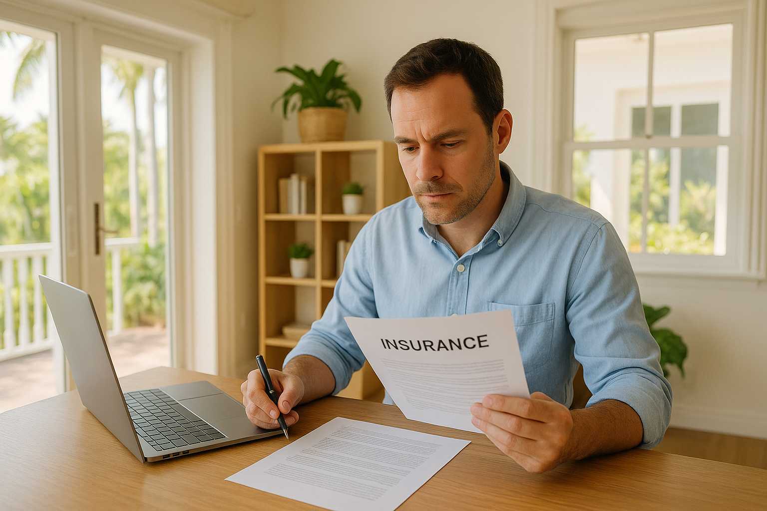 A Pompano Beach homeowner reviewing a Florida insurance policy for mold coverage