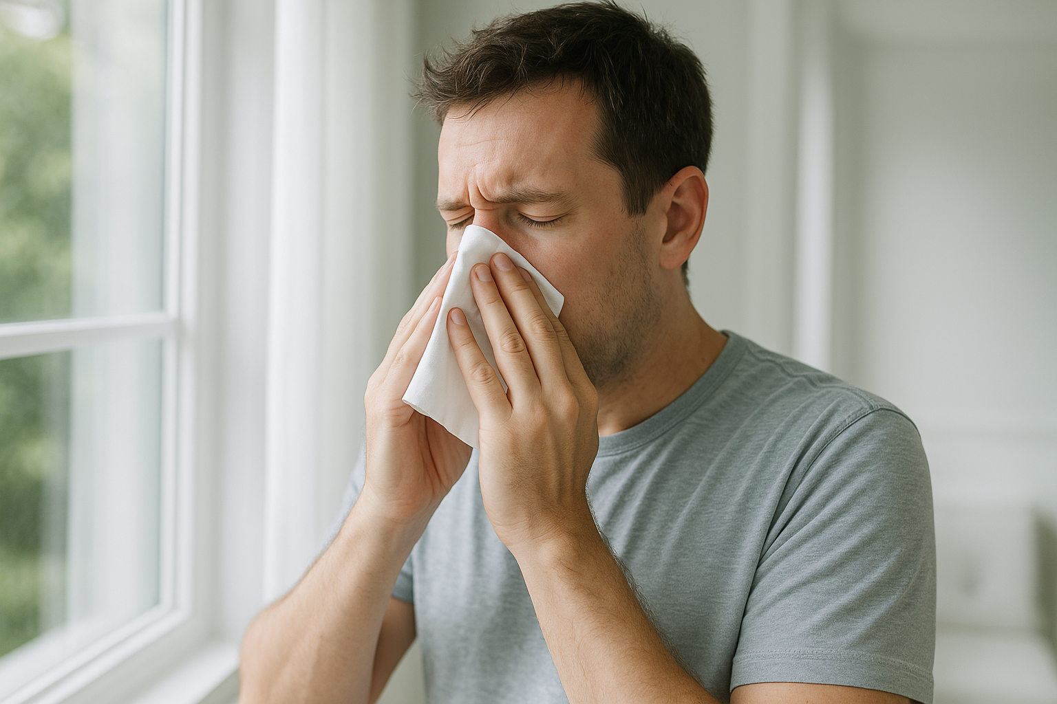 A person managing allergy symptoms at home in Pompano Beach