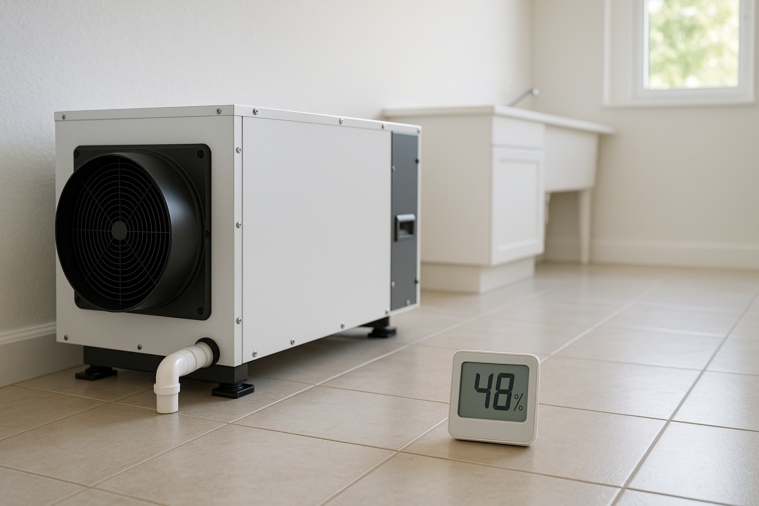 A dehumidifier and hygrometer keeping a Pompano Beach home dry