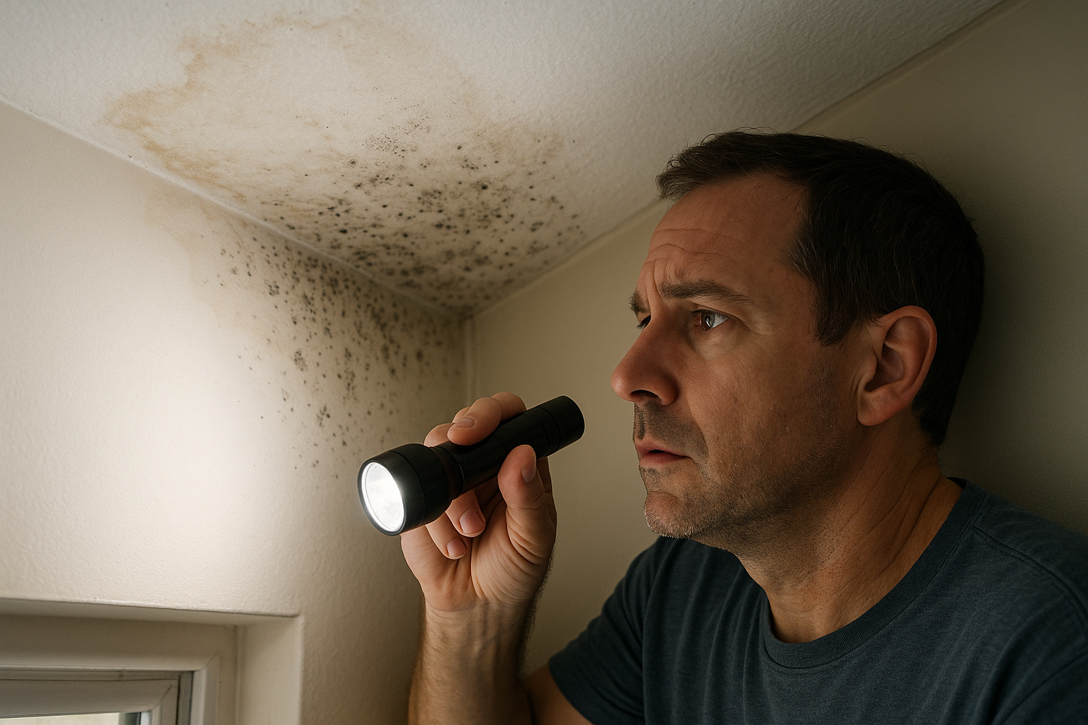 A homeowner inspecting a water stain on a wall in a Pompano Beach home
