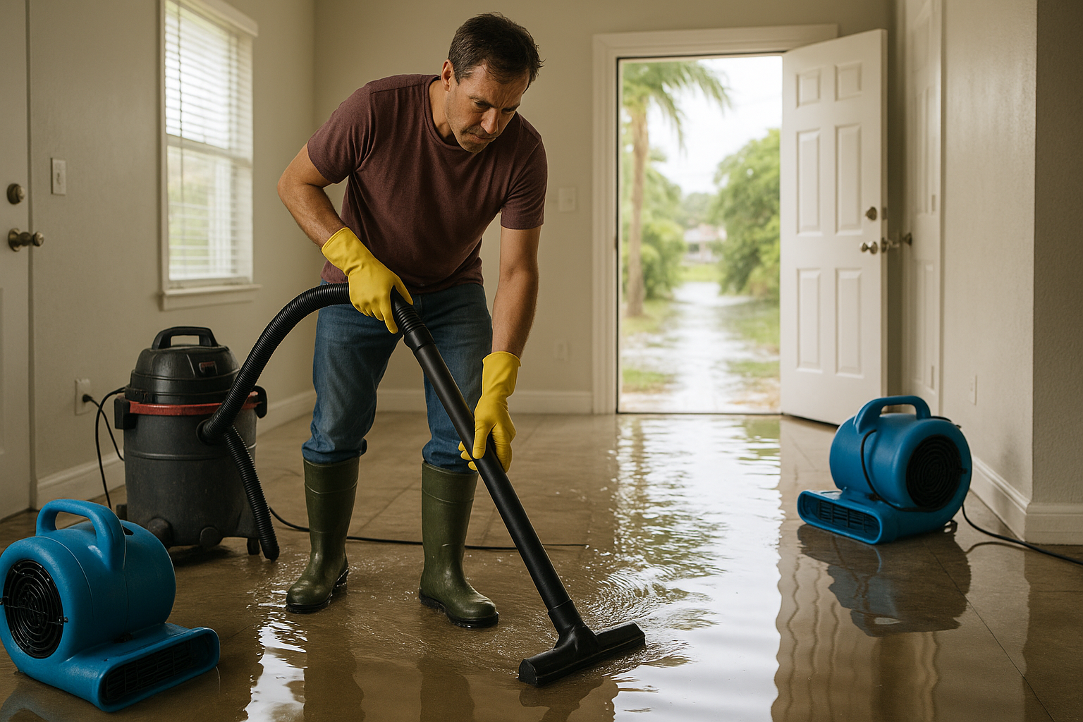Drying equipment running in a flooded Pompano Beach home after a storm