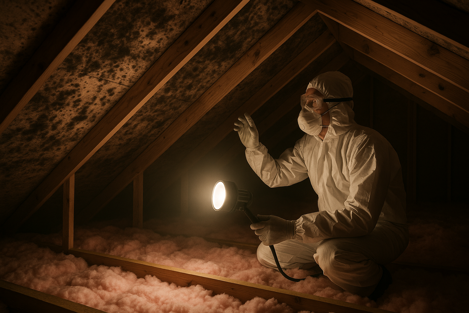 Mold staining on roof sheathing inside a Pompano Beach attic