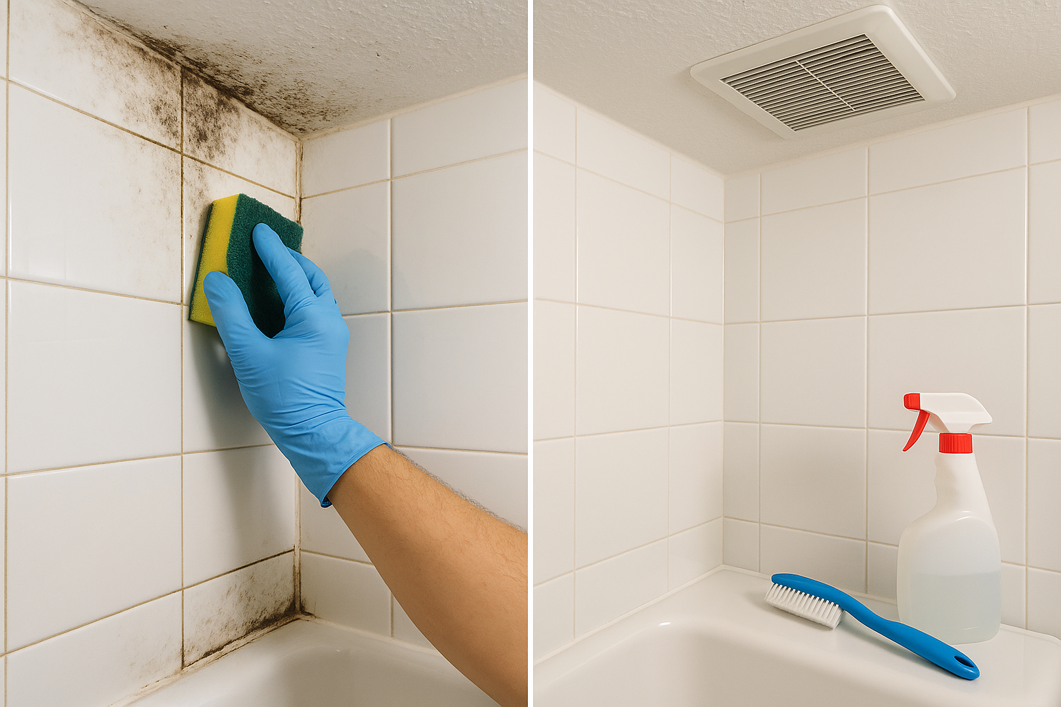 Cleaning mold from tile grout and caulk in a Pompano Beach bathroom