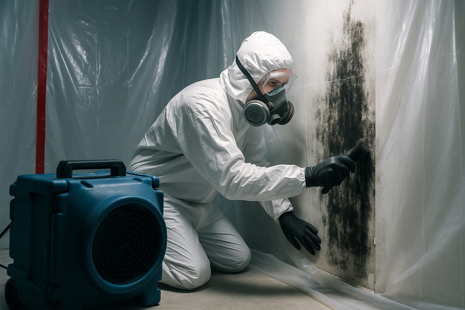 A technician in protective gear removing black mold from drywall in a Pompano Beach home