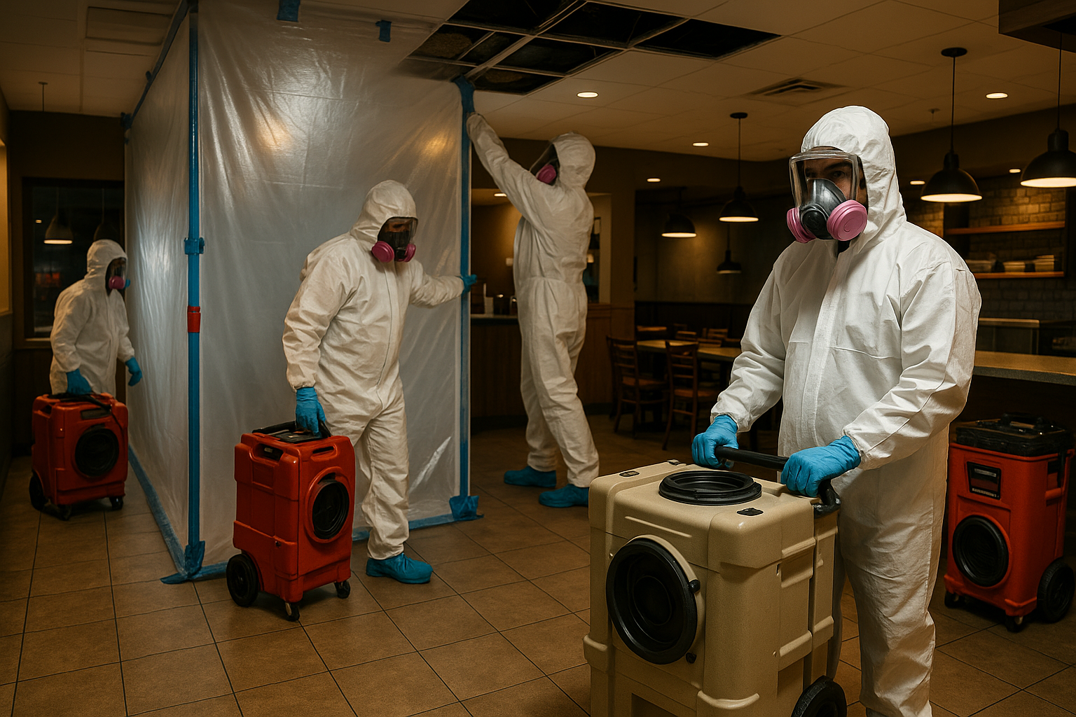 A commercial crew remediating mold in a Pompano Beach business after hours