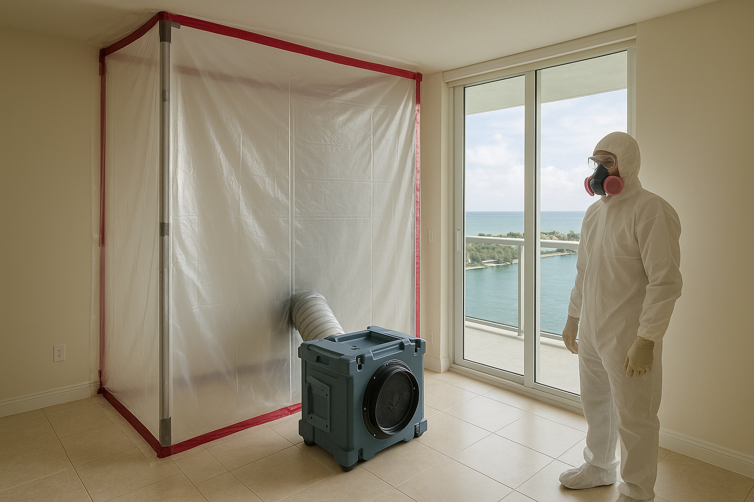 Containment set up inside a Pompano Beach condo unit during mold remediation