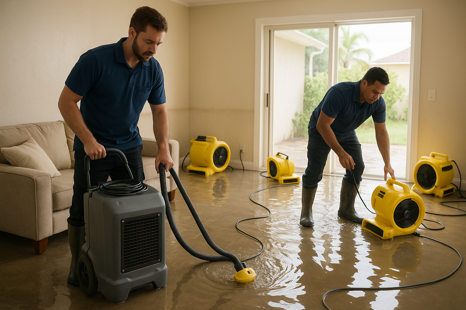 Technicians extracting flood water and running drying equipment in a Pompano Beach home