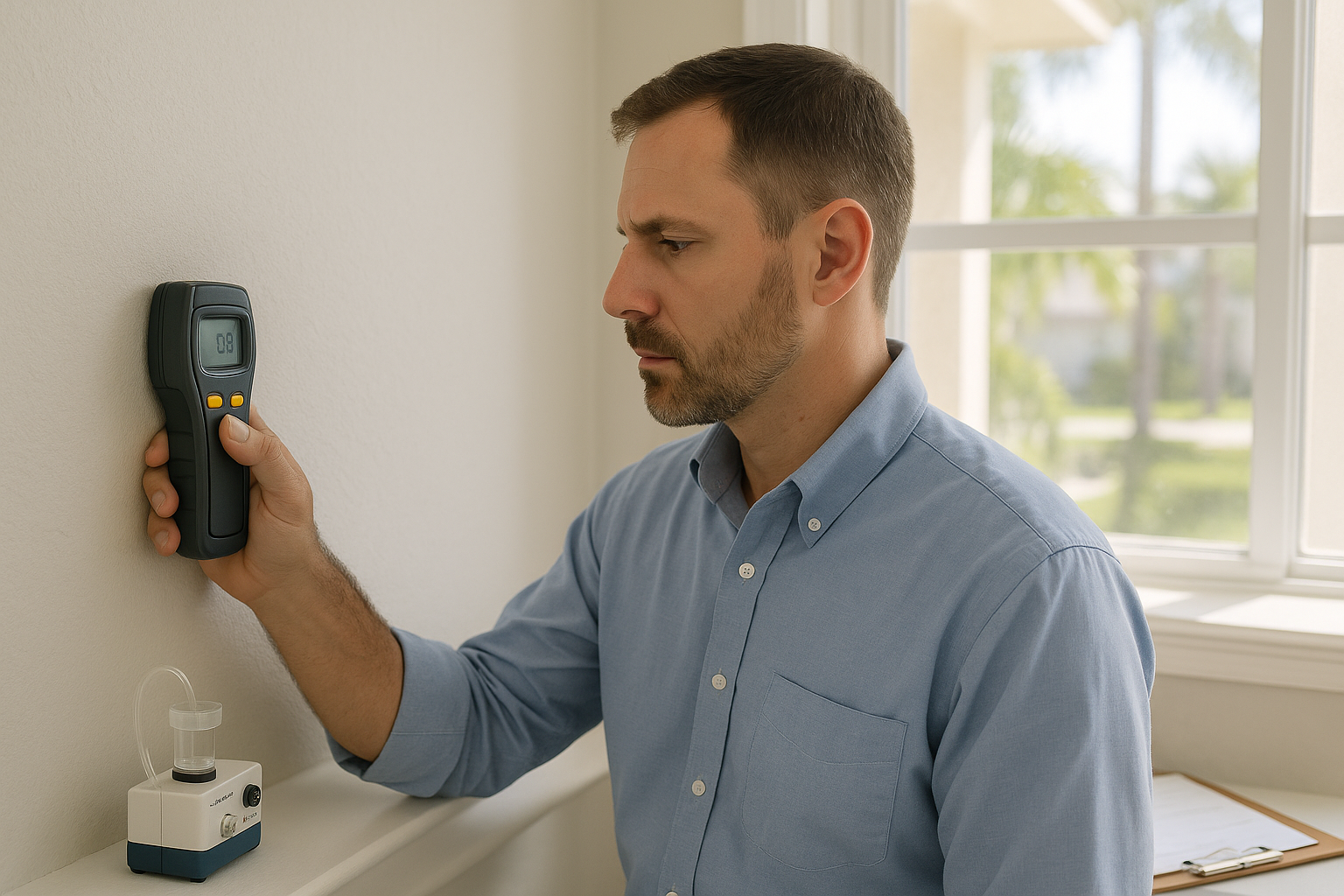 A licensed mold assessor using a moisture meter on a wall in a Pompano Beach home